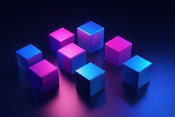 Obraz premium Neon pink and blue cubes arranged on dark background.
