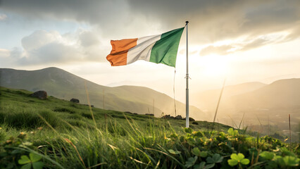 Irish Flag Waving at Sunrise Over Rolling Hills