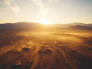 Sunset over dusty festival grounds burning man aerial view desert landscape peaceful vibe art and community spirit