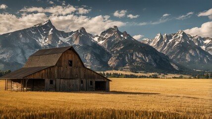 A rustic wooden barn with a black roof standing in a peaceful countryside setting, surrounded by open fields and a clear sky, capturing the charm of rural life.