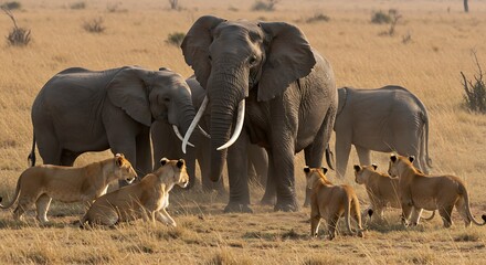 A massive elephant angrily defending its herd from a lion pride