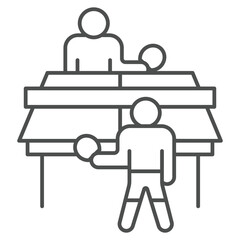 Tennis players and table thin line icon, tennis concept. Vector graphics. Two man playing tennis sign on white background, outline style icon for mobile or web design.