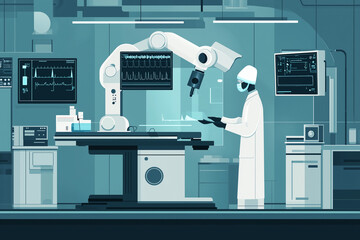 Futuristic dental equipment in modern dentist clinic with digital health displays and high-tech devices