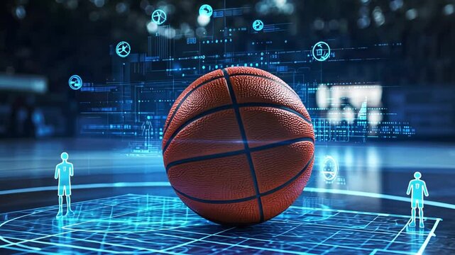 Futuristic Basketball Arena with Holographic Display and Ball, Sport Innovation Concept - Powered by Adobe
