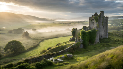 Fototapeta premium Ancient Irish Castle in Misty Sunrise
