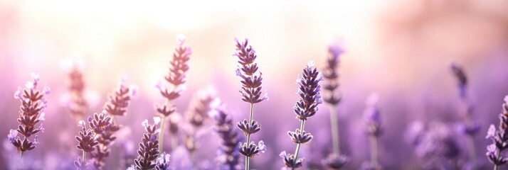 Naklejka premium Blooming Lavender Field with Soft Light for Aromatherapy and Relaxation