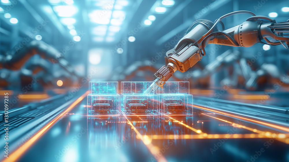 Poster futuristic factory hall with robotic arm assembling transparent blocks. scene showcases advanced aut