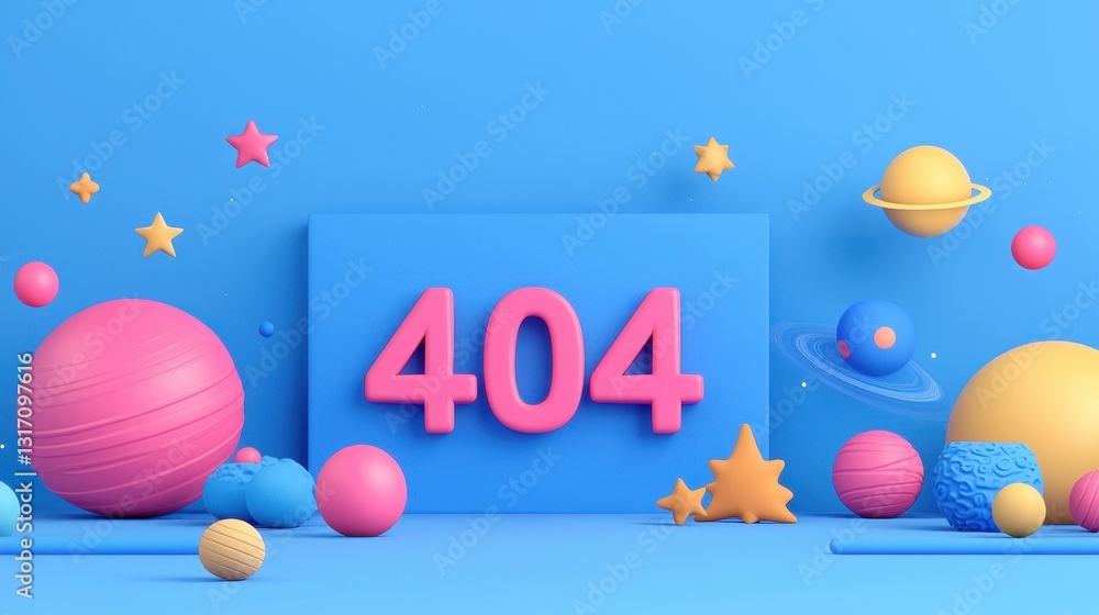 Poster playful colorful 404 error background with geometric shapes and planets