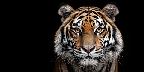 Fototapeta premium Majestic Tiger Face with Intense Gaze and Striking Stripes on Black Background