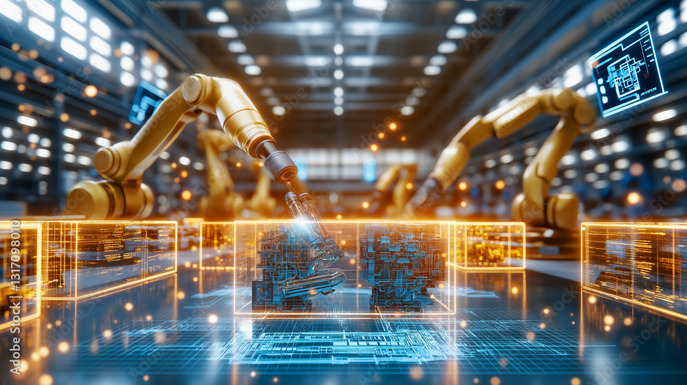 Poster automated robotic arms working in industrial hall, showcasing advanced technology and glowing digita