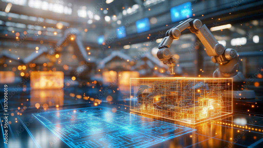 Poster futuristic industrial hall featuring robotic arms assembling glowing components. scene is filled wit