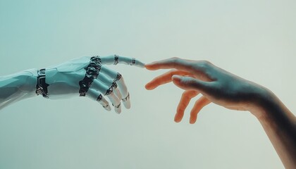 Un brazo robótico y una mano humana están a punto de tocarse en un acto de conexión.