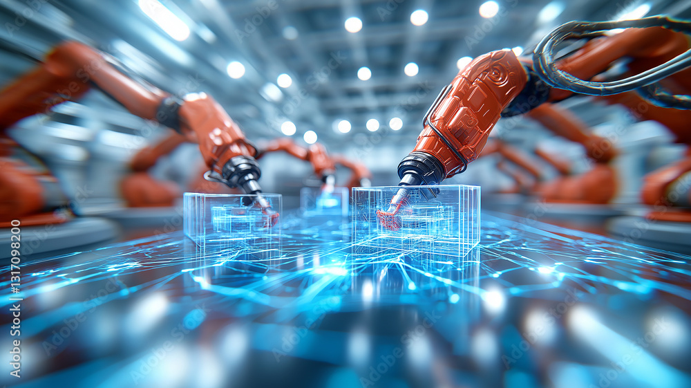 Poster robotic arms working in industrial hall, assembling transparent boxes with precision. scene showcase