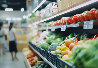A grocery store aisle with fresh produce vegetables and shelves with various products on the right. Two people are walking down the aisle with a shopping cart.