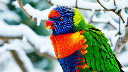Vibrant Rainbow Lorikeet in a Snowy Winter Landscape: Stunning Exotic Bird Photography