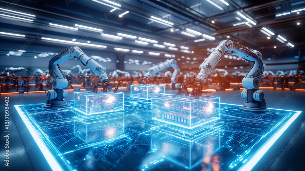 Poster futuristic industrial hall with robotic arms working on transparent boxes, showcasing advanced techn
