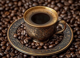 Coffee in Ornate Cup on Plate Amidst Pile of Roasted Beans