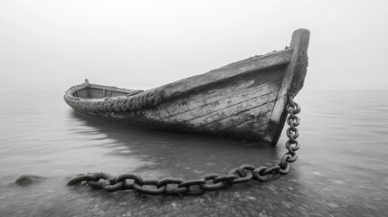 Fototapeta premium Anchored ship in foggy sea travel trip cruise stop serene environment perspective on the chain of adventure