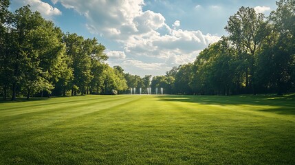Fototapeta premium Serene Green Meadow Sunlight Bathes Lush Landscape. AI Generated