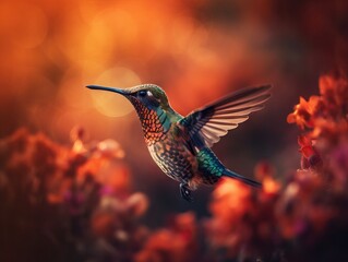 Fototapeta premium Hummingbird in Flight Amidst Vibrant Orange and Red Flowers