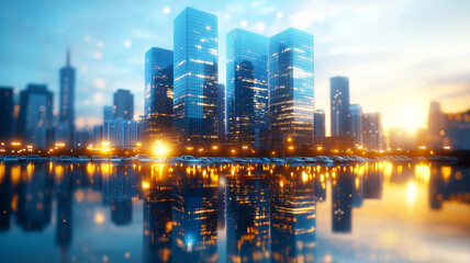 Modern office buildings reflecting in water at sunset, showcasing urban architecture and vibrant city lights. scene evokes sense of tranquility and beauty in bustling environment