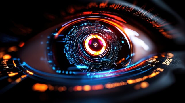 A close-up of a futuristic eye, showcasing intricate digital patterns and vibrant colors, symbolizing advanced technology and perception.