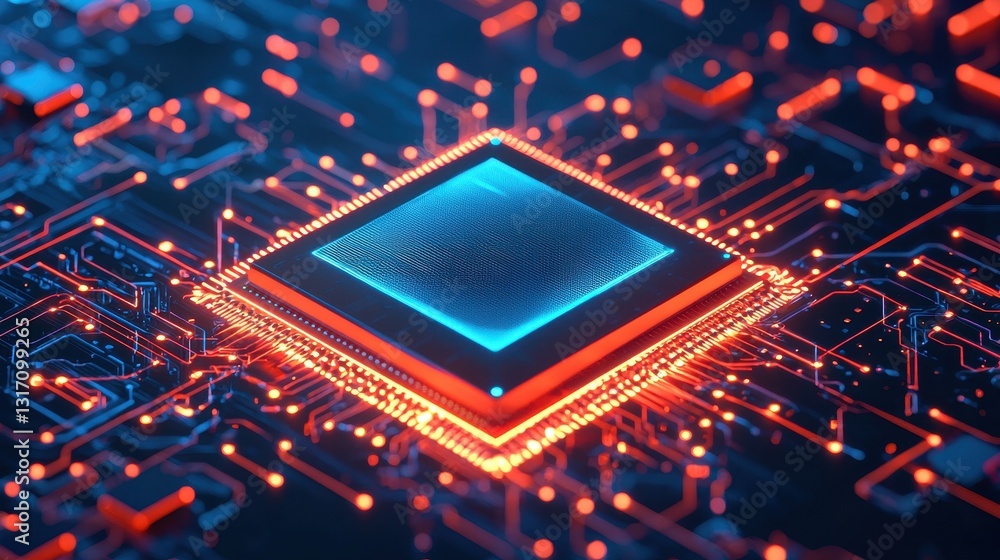 Poster abstract illustration of computer chip with neon circuit background