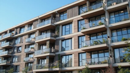 Contemporary Residential Building with Glass Balconies and Lush Greenery Under Clear Blue Sky