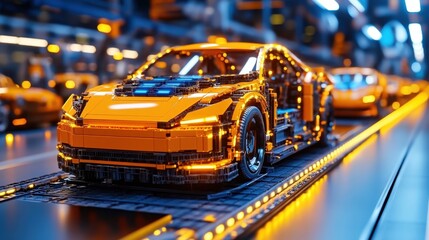 A futuristic orange car model displayed in a high-tech manufacturing environment, showcasing advanced design and intricate detailing.