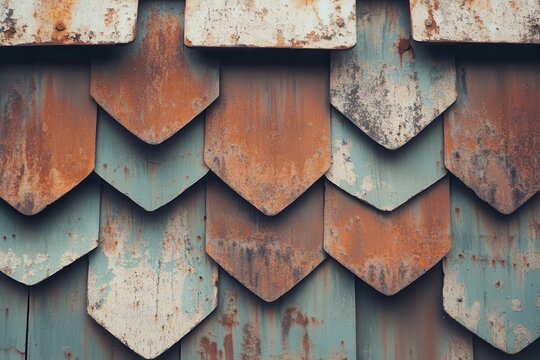 Weathered fish-scale siding, rustic texture, outdoor wall, background blurred
