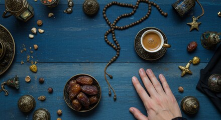 Table top view image of decoration Ramadan Kareem background, dates fruit, coffee and hand with rosary beads
