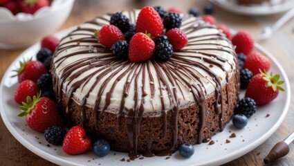 Decadent Chocolate Cake Topped with Fresh Berries and Cream on a White Plate