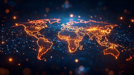 Glowing World Map Highlighting Equitable Trade Networks and Balanced Business Hubs