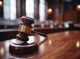 Wooden Gavel on Courtroom Table Symbolizing Justice and Legal Proceedings