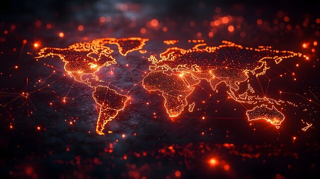 Glowing World Map Highlighting Equitable Trade Networks with Beams of Light Connecting Business Hubs