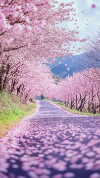 Un camino rodeado de cerezos en flor crea una atm&oacute;sfera m&aacute;gica y serena.