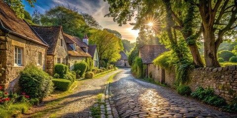 Obraz premium Sunlit Stone Village Lane Picturesque Cobblestone Road, Charming Cottages, Lush Greenery, and Golden Hour Sunlight