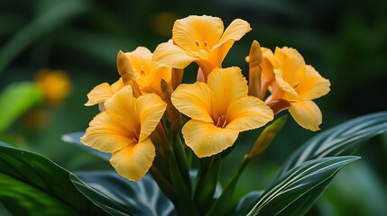 Fototapeta premium Vibrant yellow flowers bloom softly illuminated by warm sunlight. AI Generated