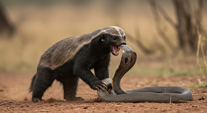A vicious honey badger fearlessly fighting a cobra