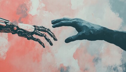 La escena muestra un encuentro simbólico entre lo humano y lo artificial a través de un contacto de manos.