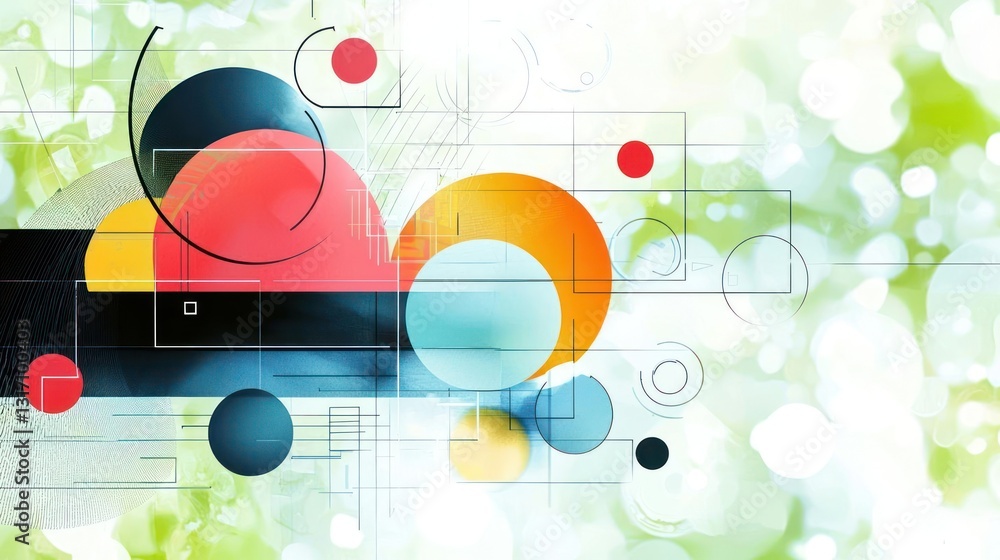 Poster abstract digital composition with overlapping colorful circles geometric shapes and blurred light gr