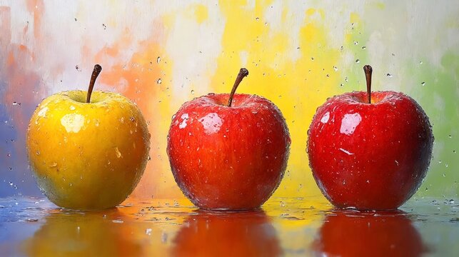 Frutas brillantes y frescas bajo el agua, destacando en un fondo colorido.