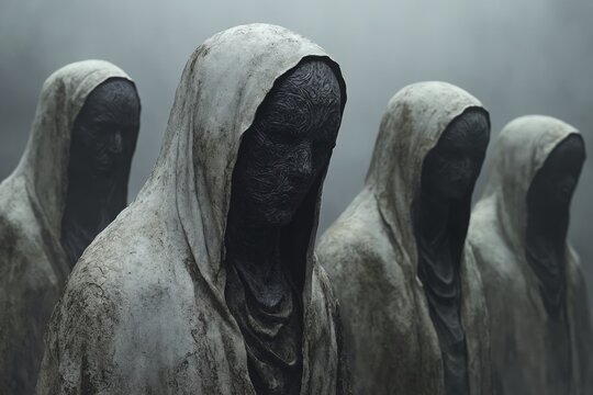 La escena presenta figuras enigm&aacute;ticas con capuchas en un ambiente misterioso y nebuloso.