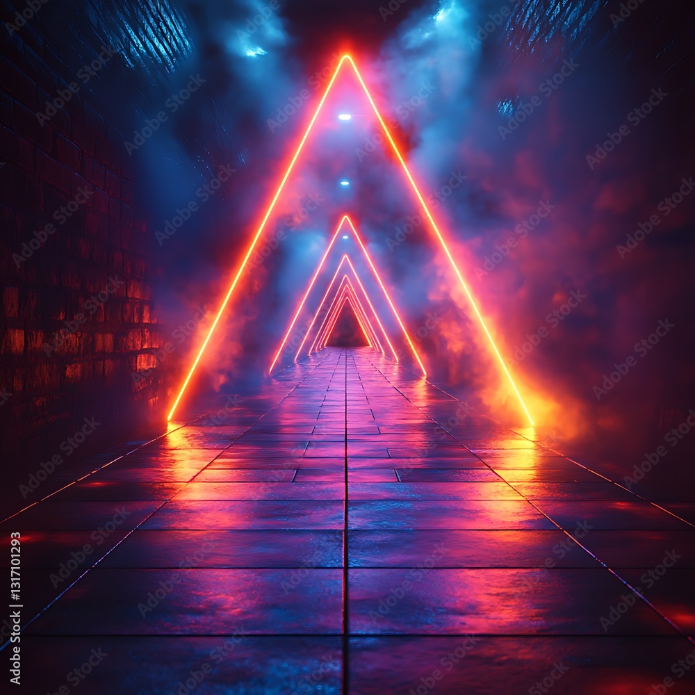 Poster neon triangle tunnel with brick walls and foggy atmosphere, creating a mysterious passage