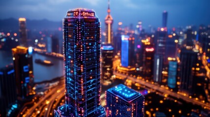 Fototapeta premium A stunning nighttime cityscape featuring a tall building illuminated with vibrant lights against a backdrop of other skyscrapers and a bustling urban environment.