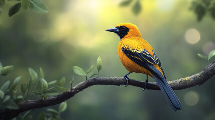 Naklejka premium Vibrant Orange-Backed Bird Perched on a Tree Branch