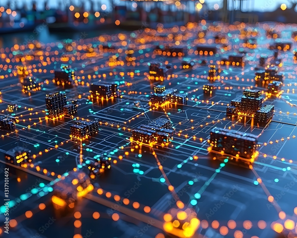 Poster dynamic glowing flowchart of a global logistics network with interconnected warehouses and distribut