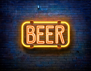 A glowing neon beer sign hung on a brick wall creating a retro industrial vibe