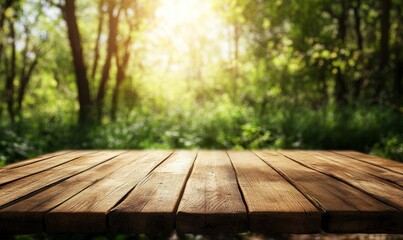 Wooden Table in a Forest Glade with Sunlight Streaming Through Trees