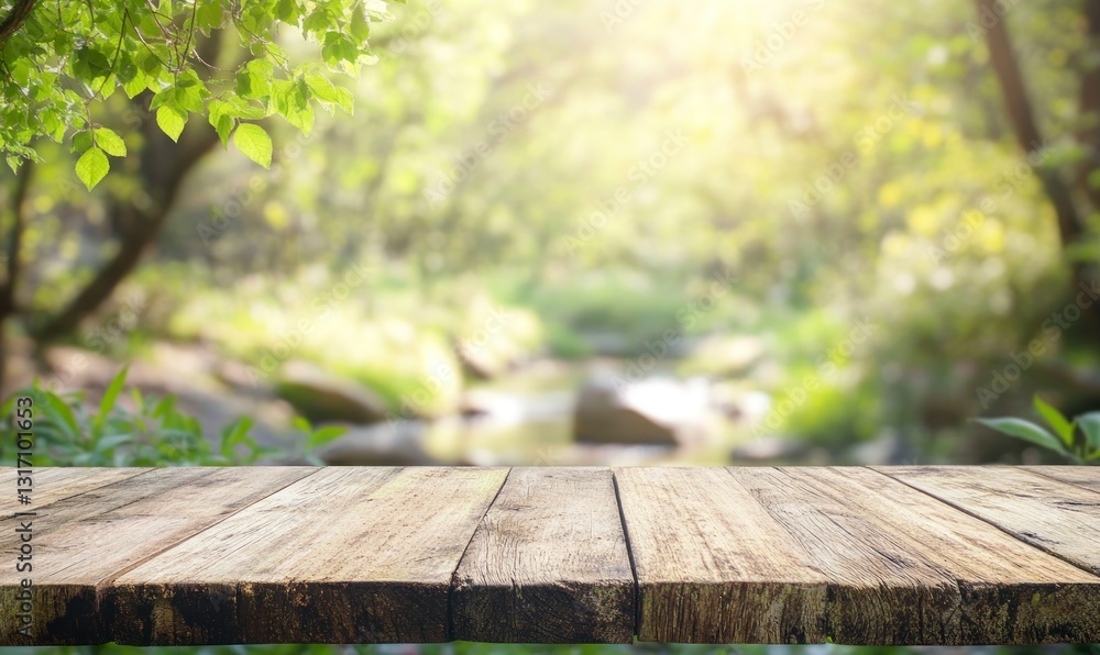 Poster wooden table in forest clearing with stream background for display